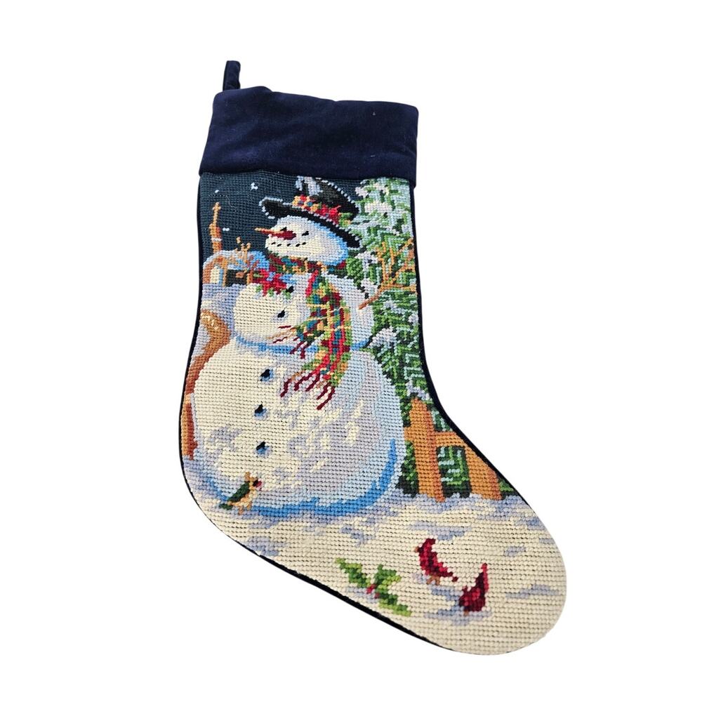 Vintage 90s Christmas Stocking Needlepoint Snowman Blue Velvet Traditional